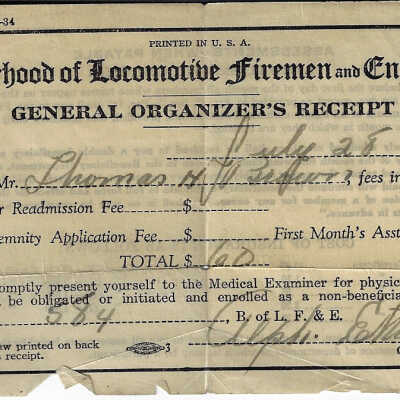 Brotherhood of Locomotive Firemen and Enginemen: General Organizer’s Receipt, Thomas H. Brown, 1937