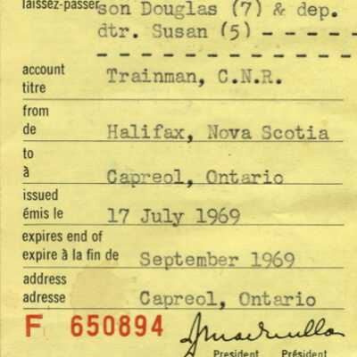 Canadian National: Employee Trip Pass, Capreol ON to Halifax ON and back, issued to Mrs. D. E. Frozel, Daughter, and Son, 1969