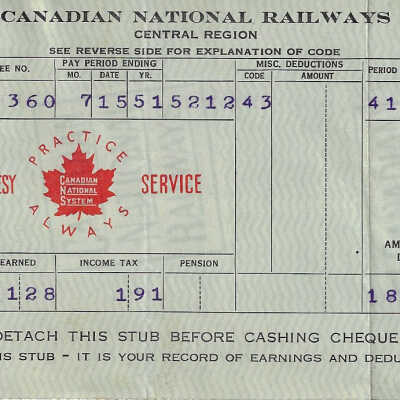 Canadian National Statement of Earnings and Deductions belonging to Frank Mazzuca