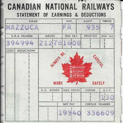 Canadian National Statement of Earnings and Deductions belonging to Frank Mazzuca
