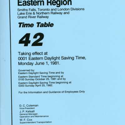 Employee Timetable, CP Rail, Eastern Region, Time Table 42, June 1st 1981.