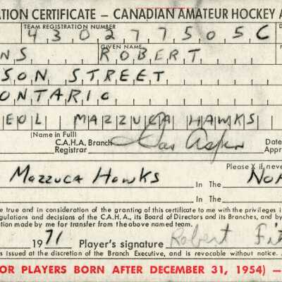 Hockey Player Registration Certificate belonging to Robert Fitzsimmons