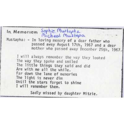 Document, Obituary, Sophie Mustapha, Micheal Mustapha.