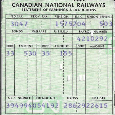 Canadian National Statement of Earnings and Deductions belonging to Frank Mazzuca