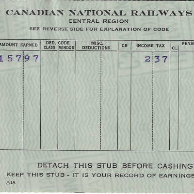 Canadian National Statement of Earnings and Deductions belonging to Frank Mazzuca
