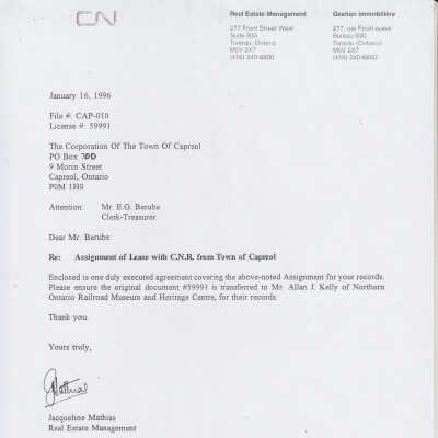 Letter from CN Real Estate Jacueline Mathias to Town of Capreol E Berube, RE: Assignment of Lease with CNR from Town of Capreol