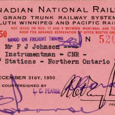 Canadian National Railways Northern Ontario District Pass, FJ Johnson, 1949-1950