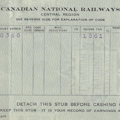 Canadian National Statement of Earnings and Deductions belonging to Frank Mazzuca