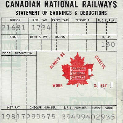 Canadian National Statement of Earnings and Deductions Belonging to Frank Mazzuca