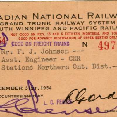 Canadian National Railways Northern Ontario District Pass, FJ Johnson, 1953-1954
