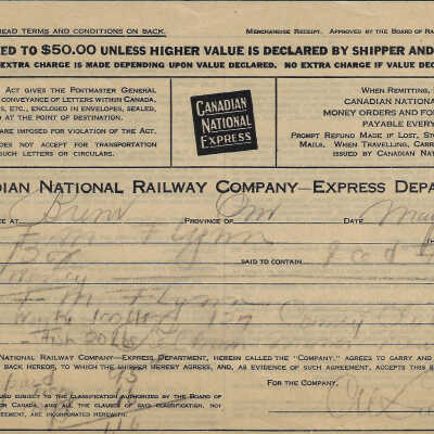 Canadian National Railway Company Express Department: Merchandise Shipment Receipt