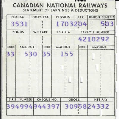 Canadian National Statement of Earnings and Deductions belonging to Frank Mazzuca