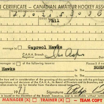 Hockey Player Registration Certificate belonging to Phil Del Papa
