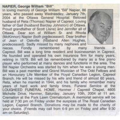 Document, Obituary, George William "Bill" Napier.
