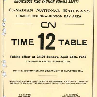 Timetable, CNR Prairie Region - Hudson Bay Area 12, April 25th 1965