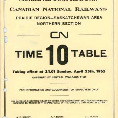 Timetable, CNR Prairie Region - Saskatchewan Area Northern Section, April 25th, 1965