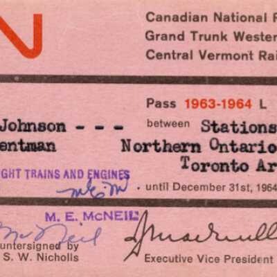 Canadian National Railways Northern Ontario District and Toronto Areas Pass, FJ Johnson, 1963-1964