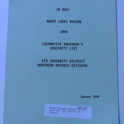 CN Rail Great Lakes Region Yardmaster's Seniority List, 15th Seniority District, January 1990