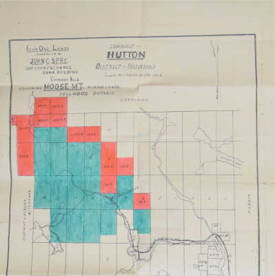 Map, Township of Hutton, District of Nipissing, Iron Ore Lands Controlled by John C. Spry, Claims, adjoining Moose Mountain Mining Lands, Sellwood Ontario. Date Unknown (1907/1908??)