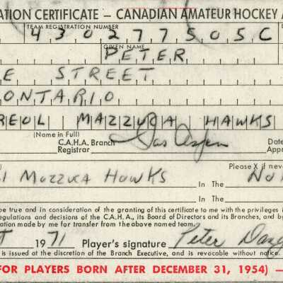 Hockey Player Registration Certificate belonging to Peter Danyluk