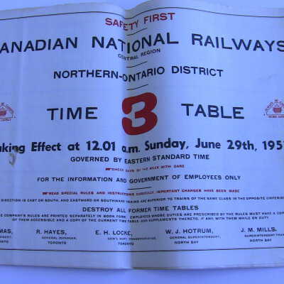 Canadian National Railway, Central Region Northern-Ontario District Timetable 3, Taking Effect at 12.01 a.m. Sunday, June 29th, 1952