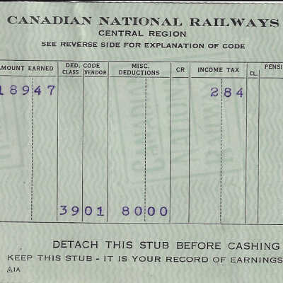 Canadian National Statement of Earnings and Deductions belonging to Frank Mazzuca