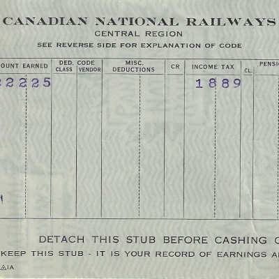 Canadian National Statement of Earnings and Deductions belonging to Frank Mazzuca