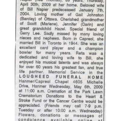 Document, Obituary, Reta Napier.