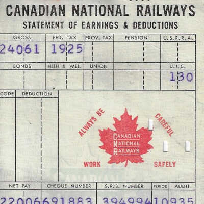 Canadian National Statement of Earnings and Deductions Belonging to Frank Mazzuca