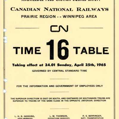 Timetable, CNR Prairie Regon - Winnipeg Area 16, April 25th 1965