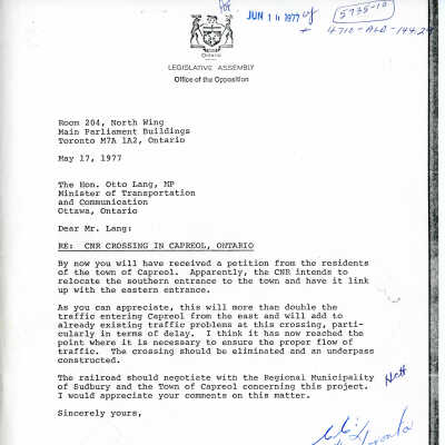 Letter from Sudbury East MPP NDP Elie W. Martel to Minister of Transportation Otto Lang, RE: CNR Crossing in Capreol, ON