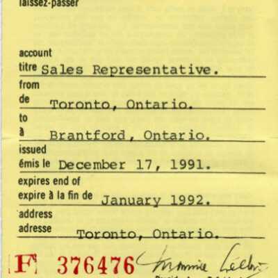Canadian National Railways: Employee Trip Pass Brantford to Toronto and back, A. Haritakis, 1991