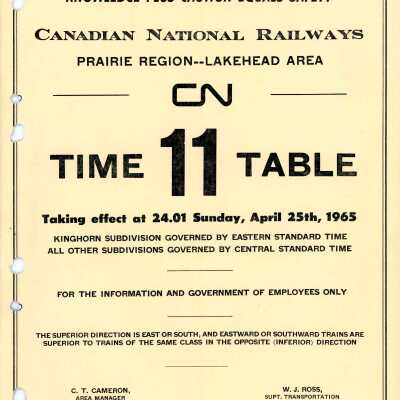Timetable, CNR Prairie Region - Lakehead Area 11 April 25th 1965