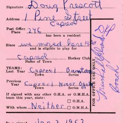 Hockey Player's Registration Card belonging to Doug Prescott