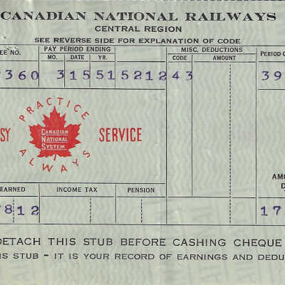 Canadian National Statement of Earnings and Deductions belonging to Frank Mazzuca