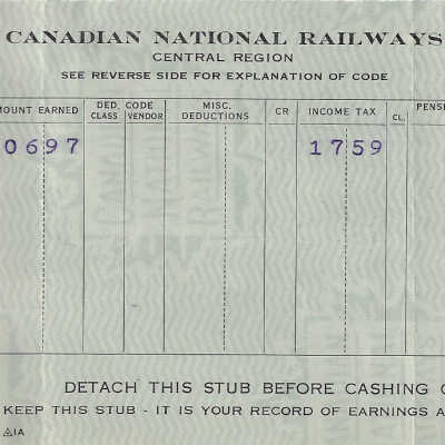 Canadian National Statement of Earnings and Deductions belonging to Frank Mazzuca