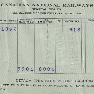 Canadian National Statement of Earnings and Deductions belonging to Frank Mazzuca