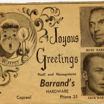 Photograph, "Joyous Greetings', Barrand's Hardware, Russ Barrand, Jack Barrand.