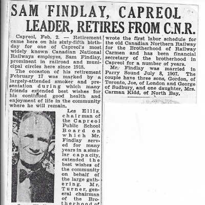 Sam Findlay Capreol Leader, Retires from C.N.R.