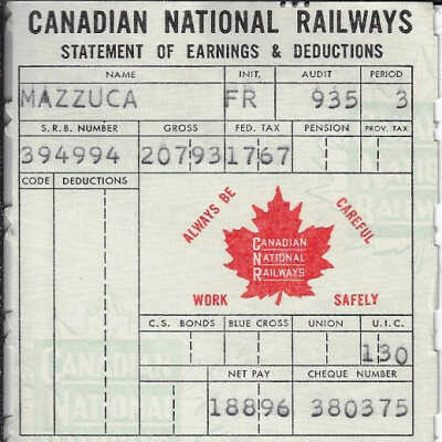 Canadian National Statement of Earnings and Deductions belonging to Frank Mazzuca
