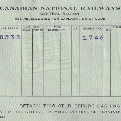 Canadian National Statement of Earnings and Deductions belonging to Frank Mazzuca