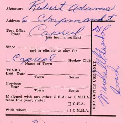 Hockey Player's Registration Card belonging to Robert Adams