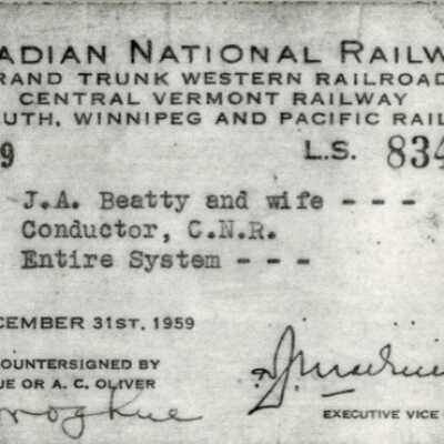 Canadian National: Entire System Pass J. A. Beatty & Wife, 1958