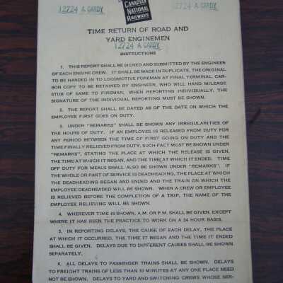 Canadian National Railways Time Return of Road and Yard Enginemen, 12724 A. Gardy