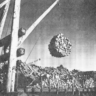 Photograph - Pulpwood loaded onto flat cars at Hanson, Ontario for Northern Paper Mills Ltd.