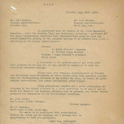 2022.320.02: Letter from W. A. Kingsland, General Manager of Canadian National, to W. T. Moodie, General Superintendent of North Bay (Canadian Pacific) , and T. C. Hudson, General Superintendent of Toronto (Canadian Pacific)