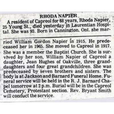 Document, Obituary, Rhoda Napier.