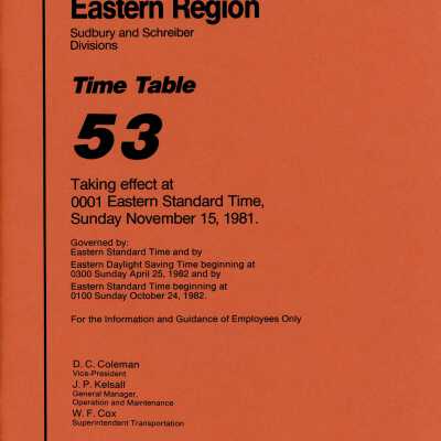 CP Rail Eastern Region (Sudbury and Schreiber) Timetable 53 for NOvember 15 1981, effective 0001 EST
