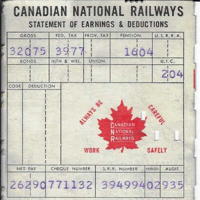 Canadian National Statement of Earnings and Deductions belonging to Frank Mazzuca