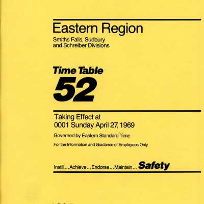 CP Rail Eastern Region (Sudbury, Smith Falls and Schreiber) Timetable 52 for April 27 1969, effective 0001 EST